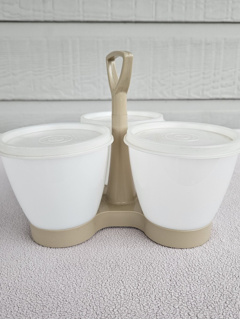 VTG Tupperware Condiment Caddy With Holder 3 Containers Lids Almond Clear - Picture 4 of 10